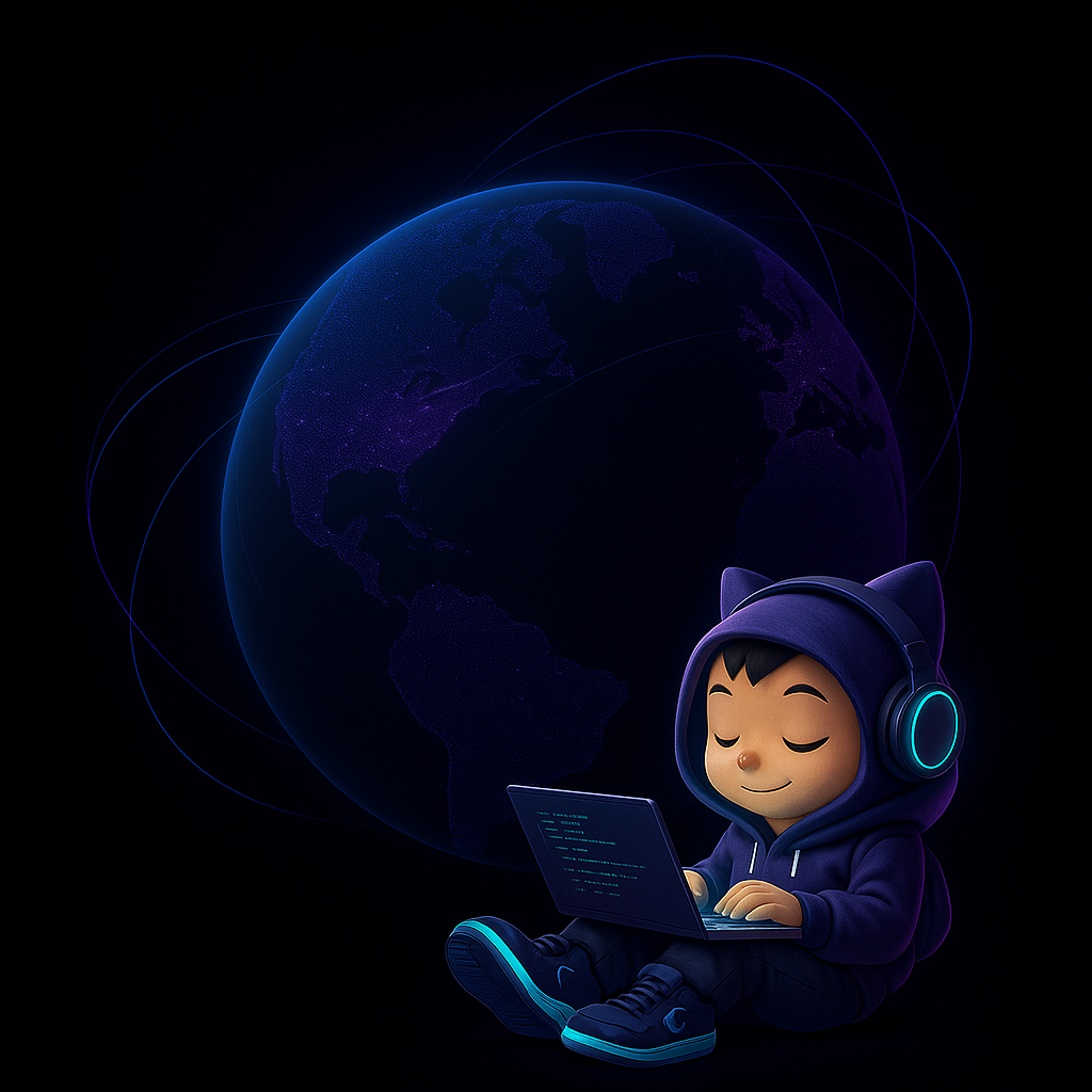 Coder with laptop next to a globe